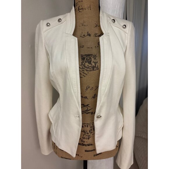 White House Black Market Ivory Blazer Silver Stud Accents 4 Padded Shoulders - Picture 7 of 16